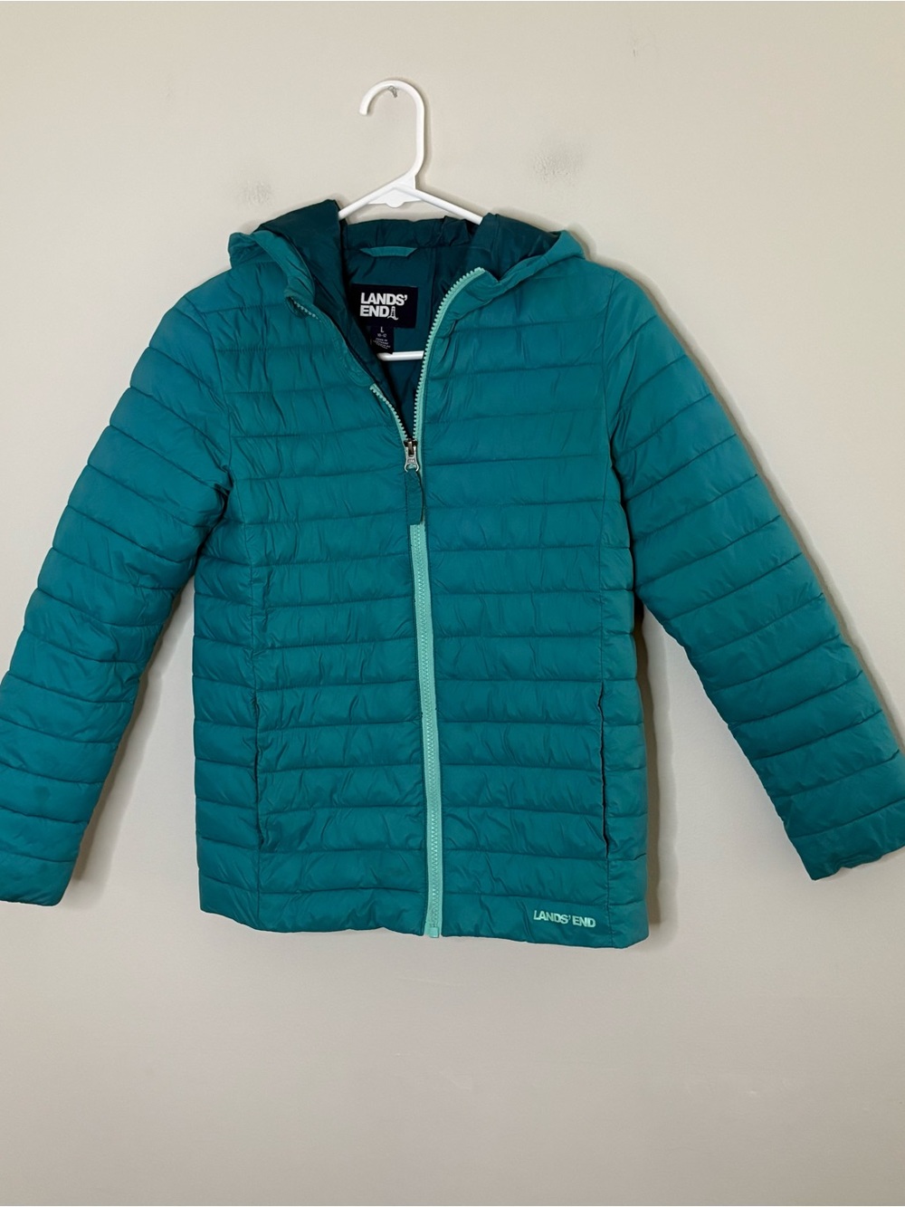 Lands End Kids Girls Lightweight Puffer Jacket Medium Teal Blue Fall Hooded